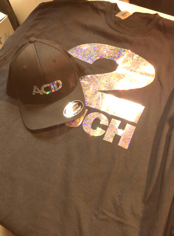 2MUCH tee (holographic htv) ACID cap (holographic htv)